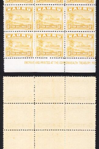 Nauru SG39B 10/- Shiny White Paper U/M Imprint Block Top Value Cat 765++ pounds