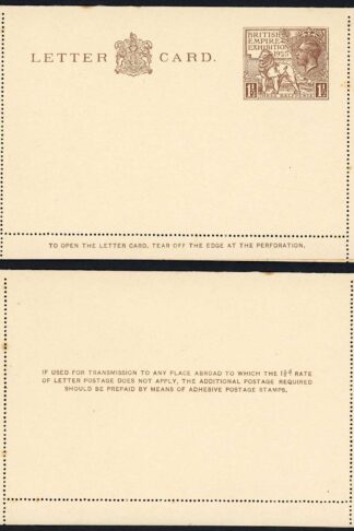 LCP10 KGV 1924 Wembley 1 1/2d Letter Card Mint (tone spots)