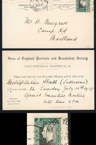 South Africa Local Post card 9 Jul 1937 Cape town-Kaapstad Correct 1/2d Rate