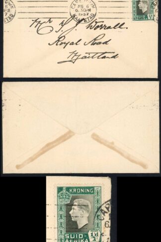 South Africa Local Cover 6 Aug 1937 Cape town-Kaapstad Correct 1/2d Rate