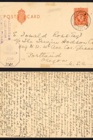 1943 2d CENSORED Postcard from Castleton Lochgilphead to the USA