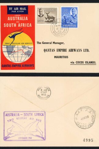 Mauritius 1952 First regular Air service via Cocos Islands