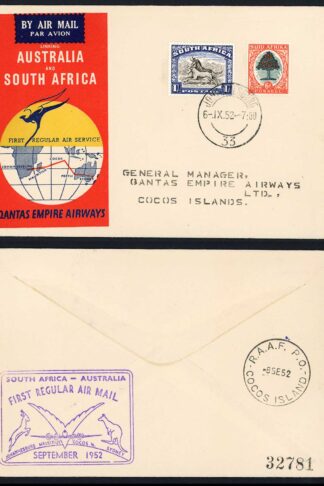 SOUTH AFRICA - 1952 Qantas Empire Airways first flight cover to Cocos Island.