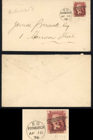 Penny plate 178 (RI) with Edinburgh Dotted Duplex on cover