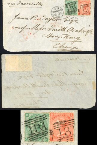 1868 1/- and 4d on a Front to Hong Kong (China) Scarce destination