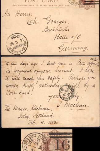 1980 1d Postcard to Germany with Iona Steamer Greenock postmark RARE