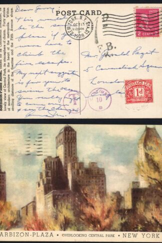 SGD28 1d Postage Due on a Barbizon Plaza NY postcard 13/10/1938