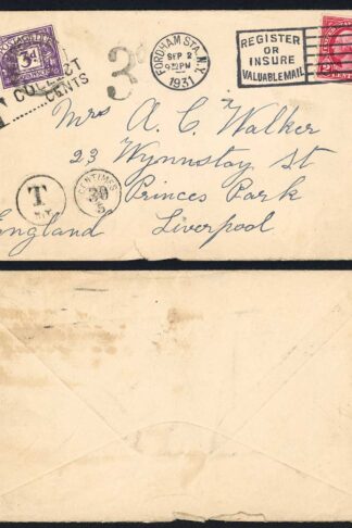 SGD14 3d Postage due on an envelope from the US to Liverpool