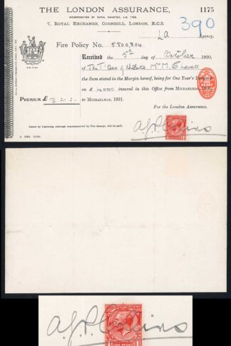 Insurance certificate dated 5th October 1920 with SG357 1d Scarlet