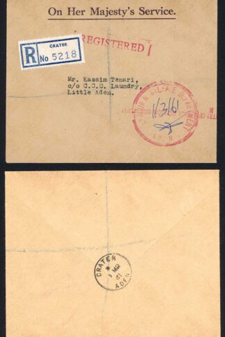 Aden 1961 Stampless Registered OHMS cover Labour and Wealth fare Department Ade