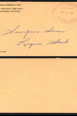 Canada 1962 Official use via Courier with City Mail Delivery Regina Sask H/S