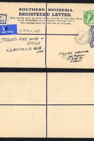 Rhodesia and Nyasaland 1955 uprated registered envelop to Scotland
