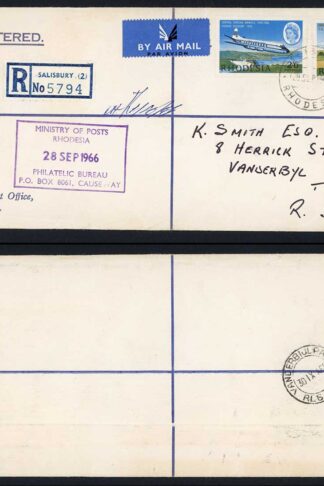 Rhodesia 1966 Registered Cover with Ministry of Posta Rhodesia Philatelic Burea