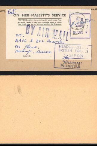 Aden 1959 OHMS Forces Air Mail Cover to the UK