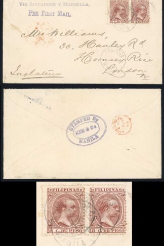 Singapore 1894 Manila to London via Singapore y Marsella Handstamp