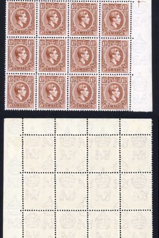 Jamaica SG123 KGVI 1 1/2d Brown (pale shade) Block of 32 U/M Cat 40 pounds