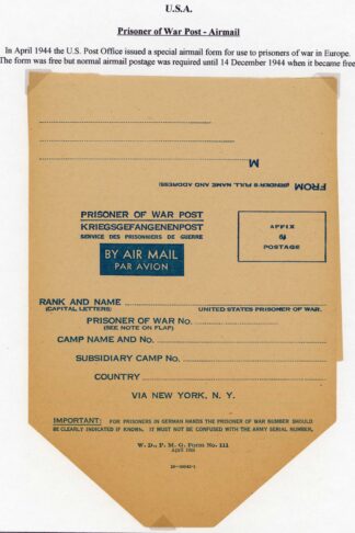 USA Prisoner of War un-used Lettersheet