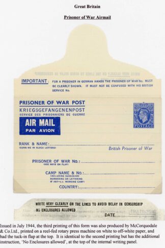 1944 GB Prisoner of War un-used 2 1/2d Lettersheet No Enclosures Allowed