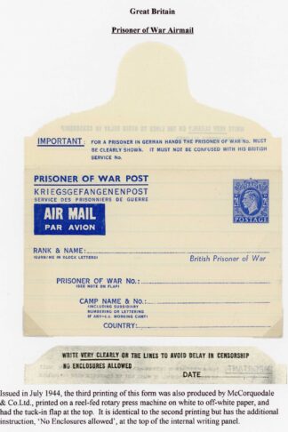 1944 GB Prisoner of War un-used 2 1/2d Lettersheet No Enclosures Allowed