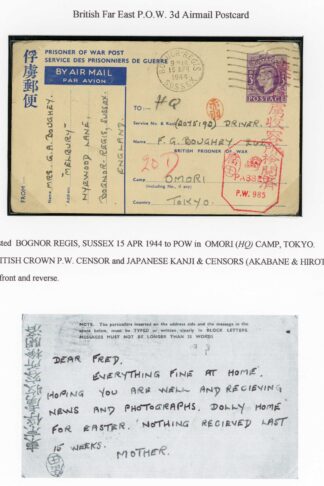British Far East Prisoner of War 3d Airmail Card Correct usage Very RARE