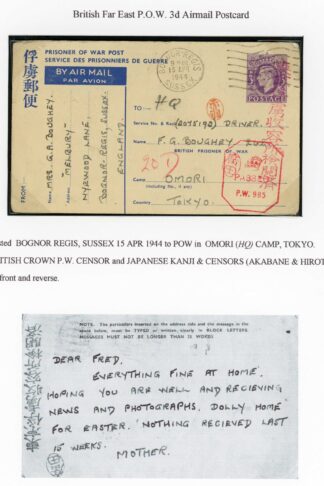 British Far East Prisoner of War 3d Airmail Card Correct usage Very RARE
