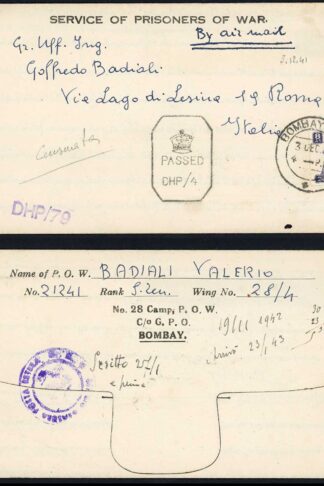 India Italian Prisoner of War 1941 Airmail Lettersheet