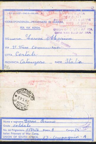 South Africa 1943 Italian Prisoner of War Lettersheet