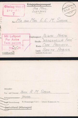South Africa 1944 Prisoner of War Lettersheet from Stalag VIII C (Sagen)