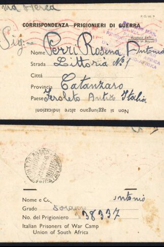 South Africa 1946 Italian Prisoner of War Lettersheet
