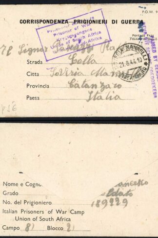 South Africa 1944 Italian Prisoner of War Lettersheet
