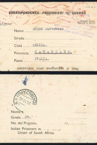 South Africa 1946 Italian Prisoner of War Lettersheet