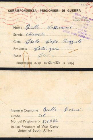 South Africa 1946 Italian Prisoner of War Lettersheet