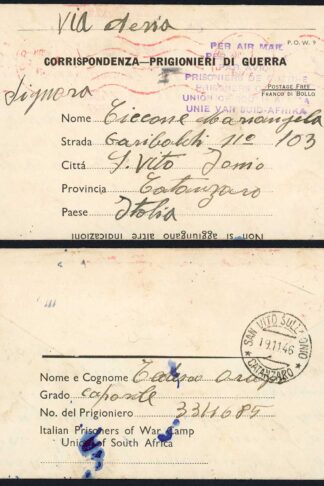 South Africa 1946 Italian Prisoner of War Lettersheet