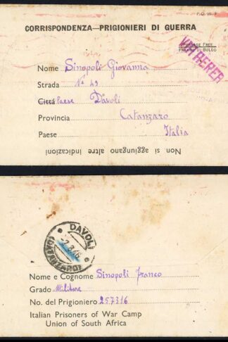 South Africa 1946 Italian Prisoner of War Lettersheet