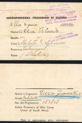 South Africa 1945 Italian Prisoner of War Lettersheet