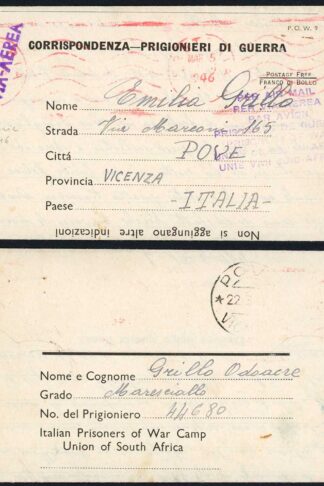South Africa 1946 Italian Prisoner of War Lettersheet