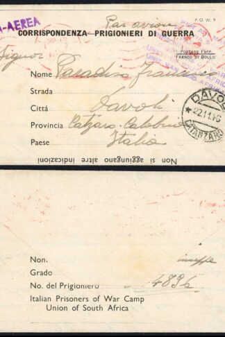 South Africa 1946 Italian Prisoner of War Lettersheet