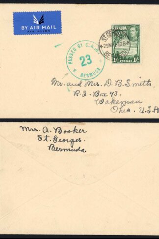 Bermuda 1940 Censored Airmail cover 23 Censor Struck in Green
