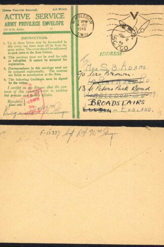 Canada 1945 an Active Service Privilege envelope re-directed