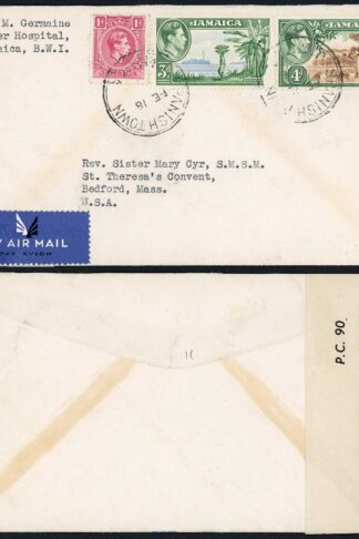 Jamaica 1943 Airmail Censored cover (3d stamp damaged)