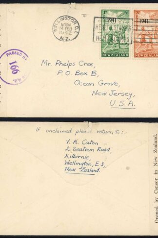 New Zealand 1942 Censored cover to New Jersey
