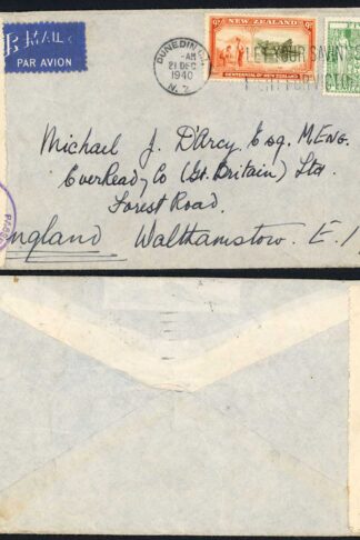 New Zealand 1940 Censored cover with SGF195 5/- Postal Fiscal