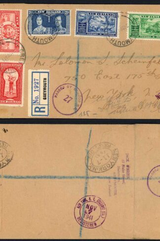 New Zealand 1941 Mixed franking 7 1/2d Censored registered cover