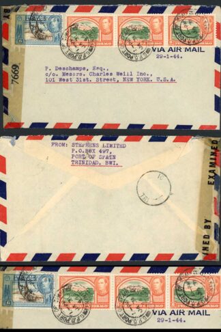 Trinidad and Tobago 1944 Censored Airmail Cover at the 30c rate
