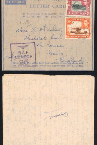 KUT KGVI Censored Airletter uprated with 10c and 15c