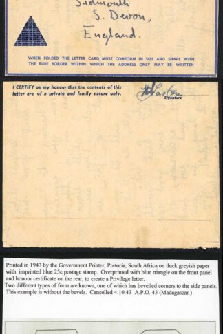 KUT 1943 Airmail Censored Lettersheet used to England