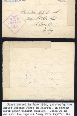 KUT 1945 Censored Airmail lettersheet to England during Free postage period