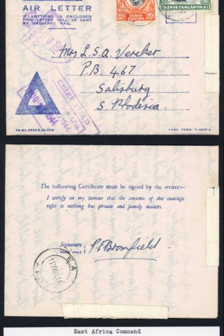 KUT 1944 Censored uprated Airletter to South Rhodesia