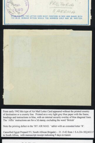 Egypt 1942 Censored Airmail Letter Cancelled Egypt Prepaid 55 (South African Br