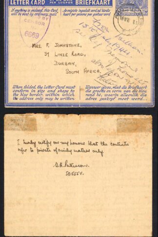 South Africa 1944 Active Service Letter Card with Honour Certificate